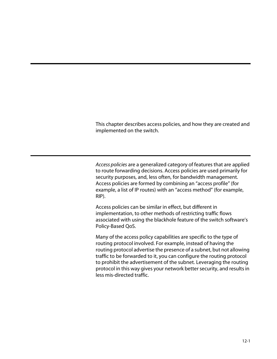 Chapter 12, Access policies, Overview of access policies | Overview of access policies -1, Chapter 12, access policies | Allied Telesis AT-8550 User Manual | Page 209 / 260