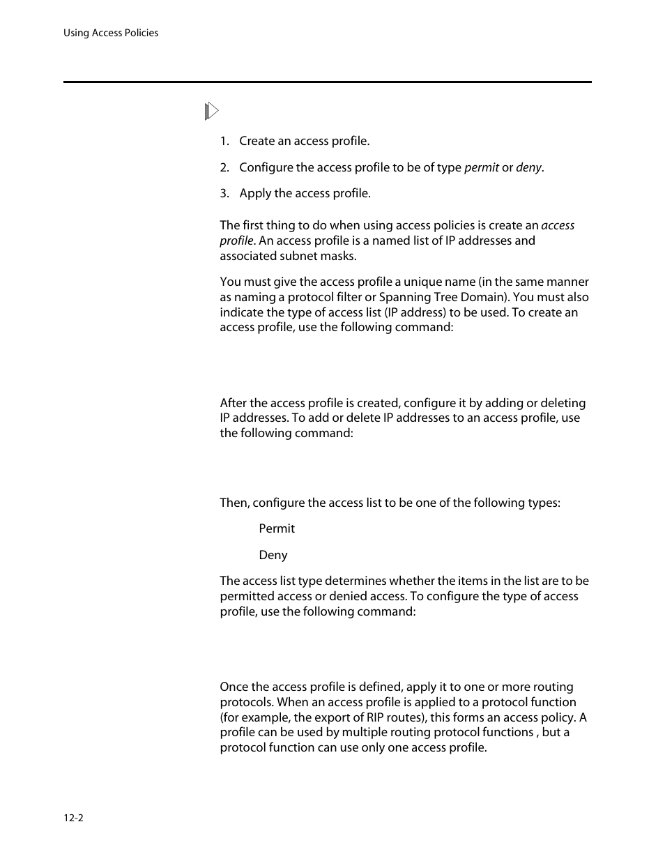 Using access policies, Creating an access profile, Configuring an access profile | Applying access profiles, Using access policies -2 | Allied Telesis AT-8550 User Manual | Page 210 / 260