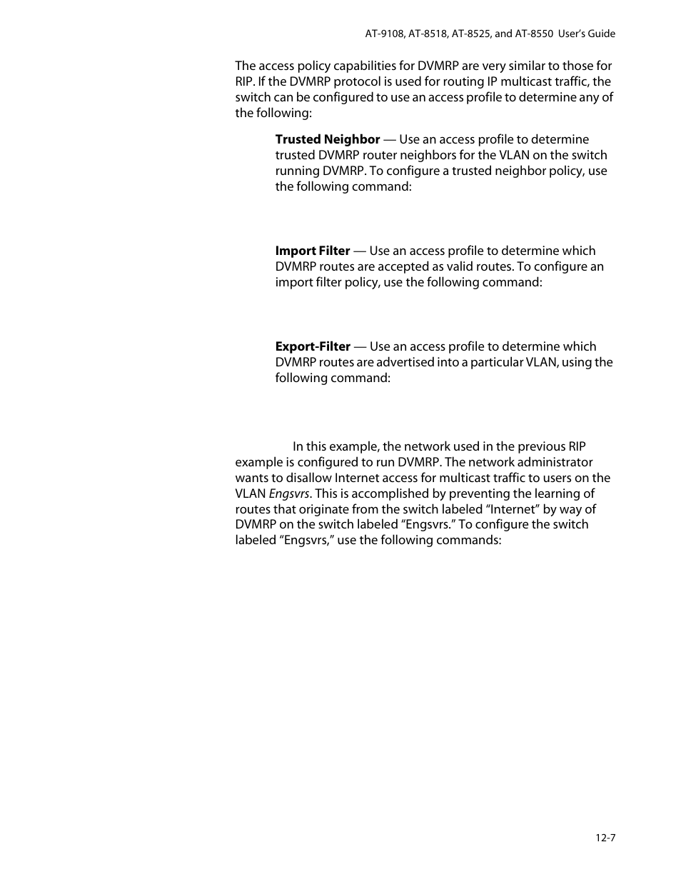Access policies for dvmrp, Access policies for dvmrp -7 | Allied Telesis AT-8550 User Manual | Page 215 / 260