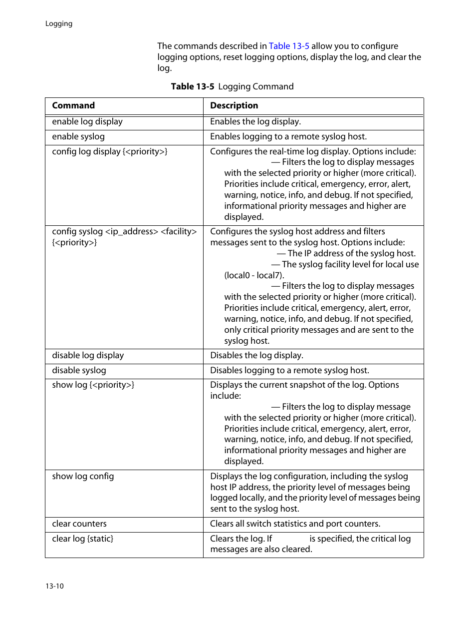 Logging commands, Logging commands -10 | Allied Telesis AT-8550 User Manual | Page 230 / 260
