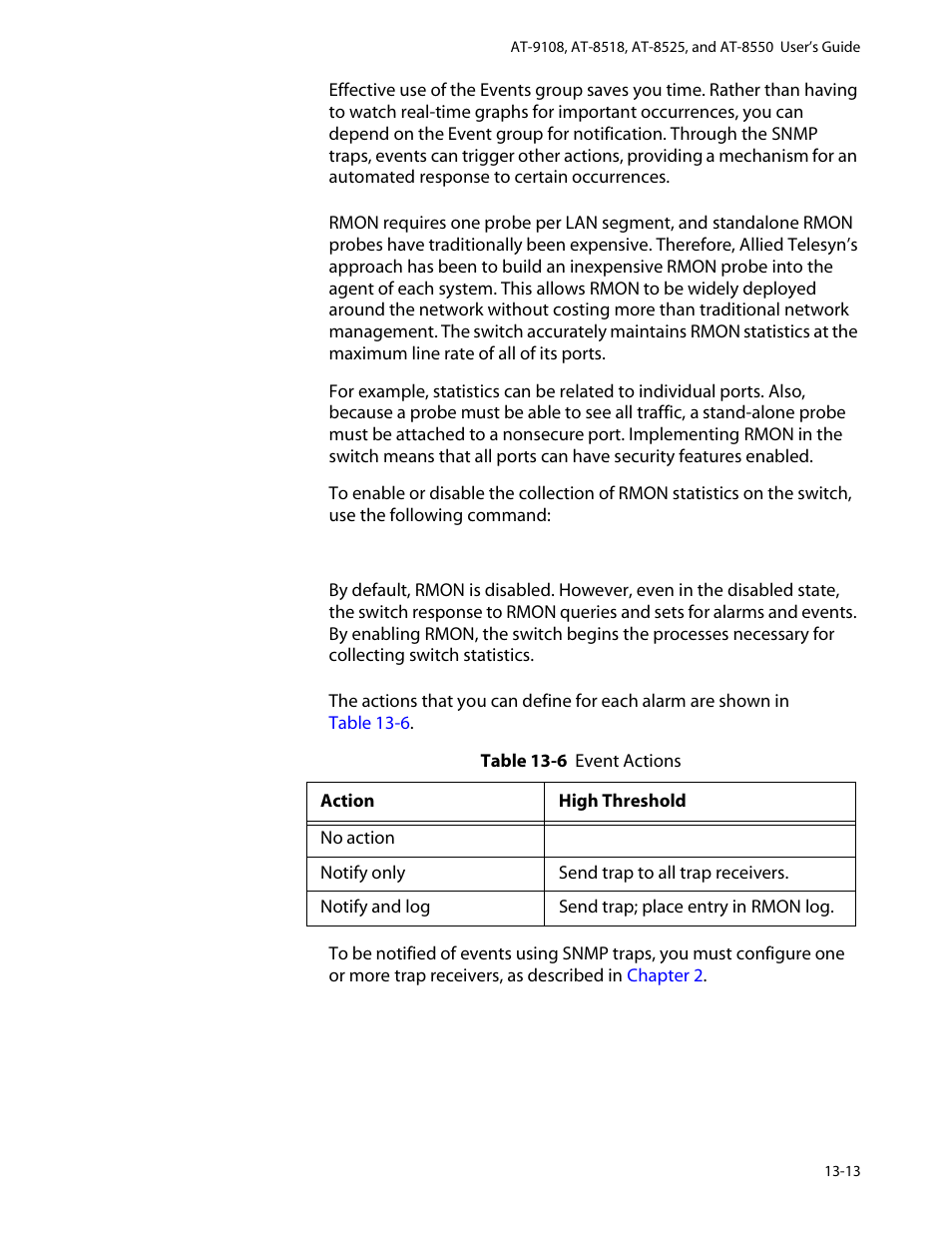 Configuring rmon, Event actions, Configuring rmon -13 event actions -13 | Allied Telesis AT-8550 User Manual | Page 233 / 260