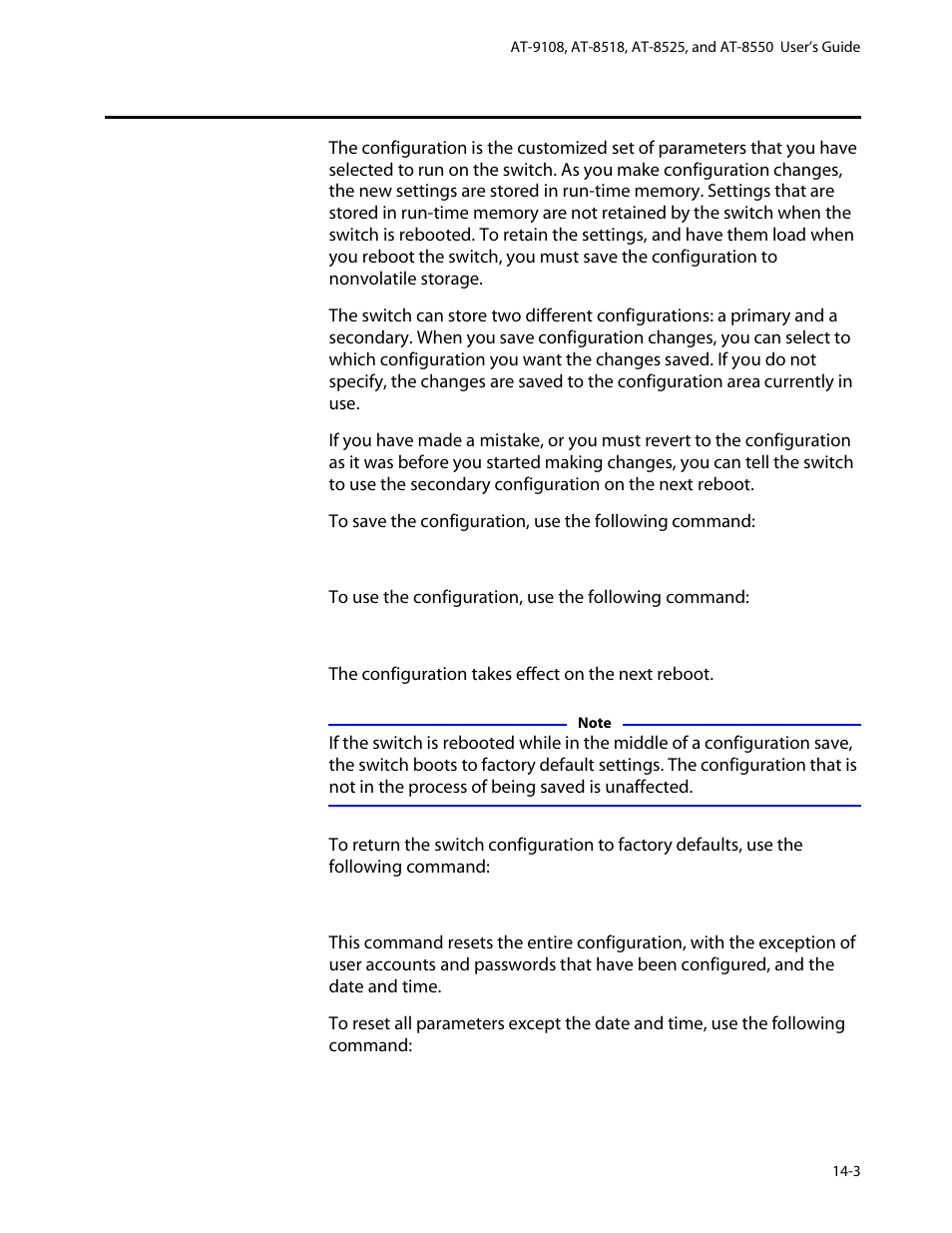 Saving configuration changes, Returning to factory defaults, Saving configuration changes -3 | Returning to factory defaults -3 | Allied Telesis AT-8550 User Manual | Page 237 / 260
