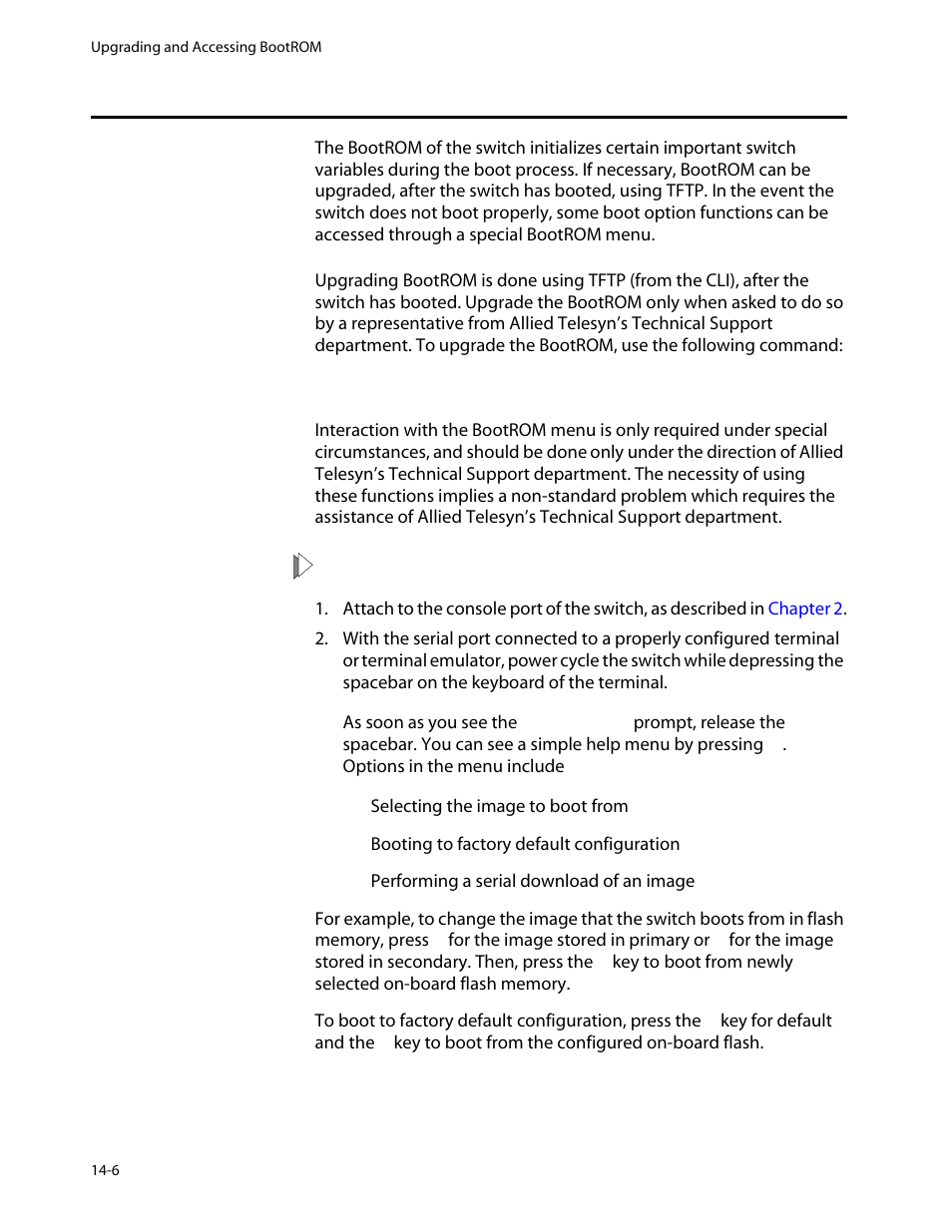 Upgrading and accessing bootrom, Upgrading bootrom, Accessing the bootrom menu | Upgrading and accessing bootrom -6, Upgrading bootrom -6 accessing the bootrom menu -6 | Allied Telesis AT-8550 User Manual | Page 240 / 260