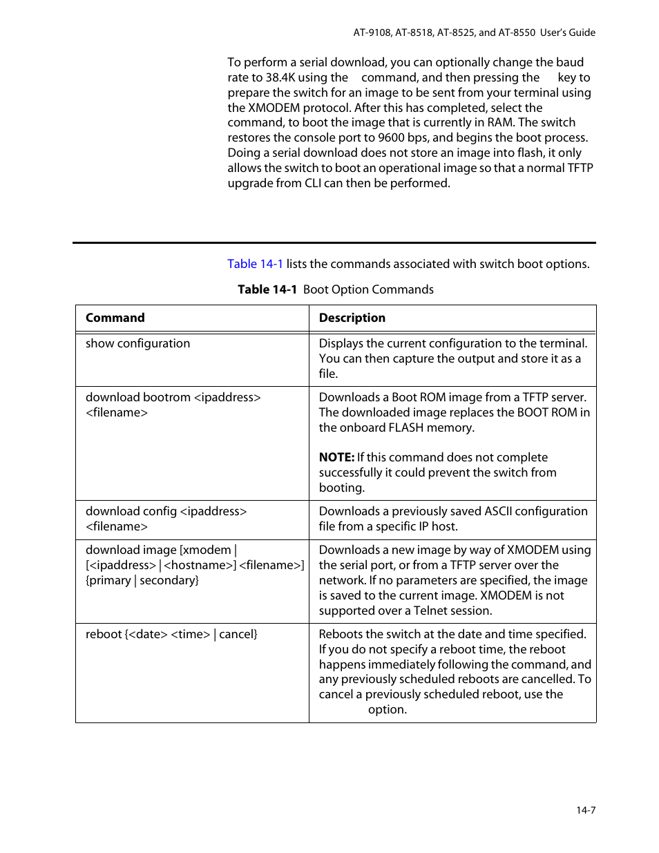 Boot option commands, Boot option commands -7 | Allied Telesis AT-8550 User Manual | Page 241 / 260