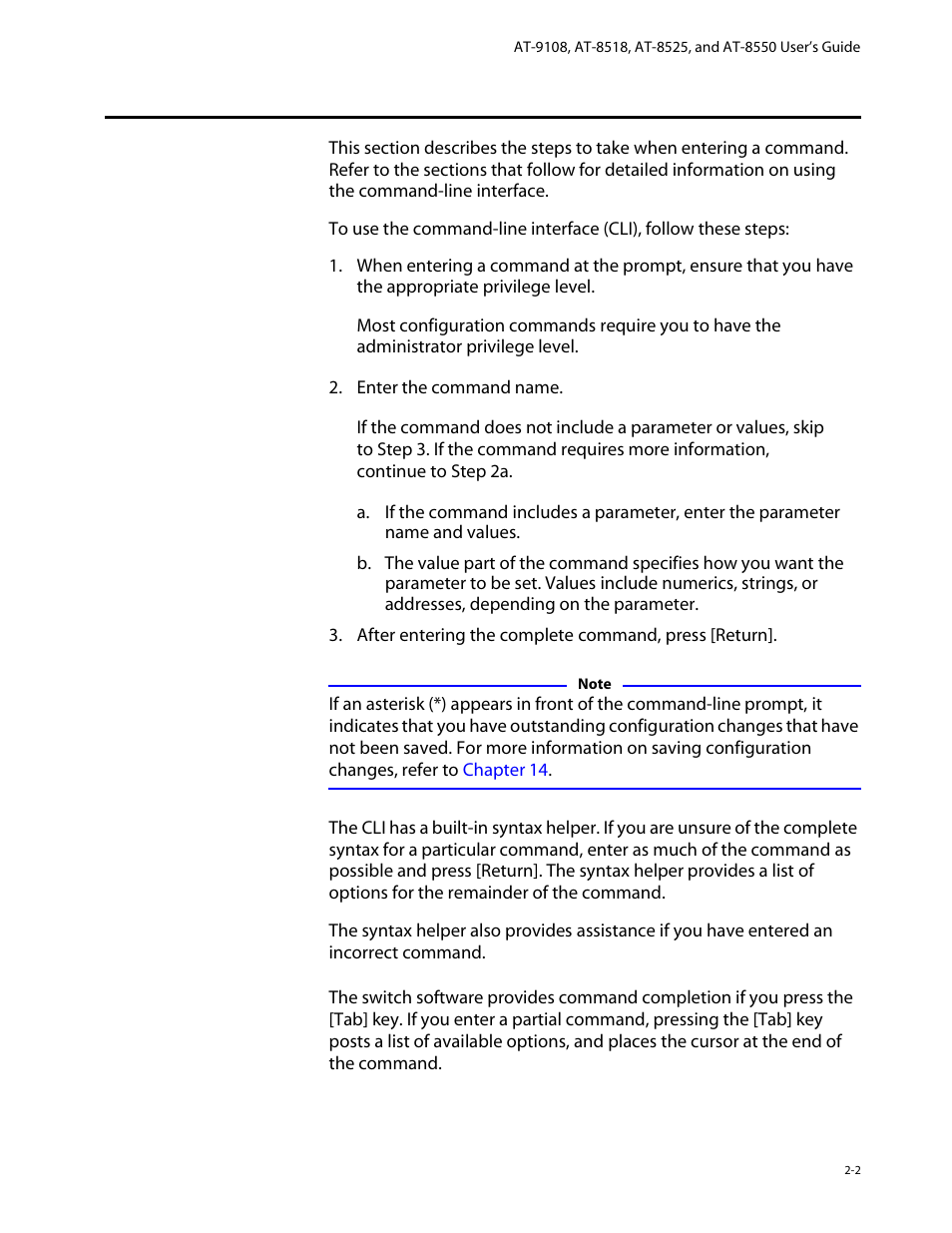 Understanding the command syntax, Syntax helper, Command completion with syntax helper | Understanding the command syntax -2 | Allied Telesis AT-8550 User Manual | Page 26 / 260