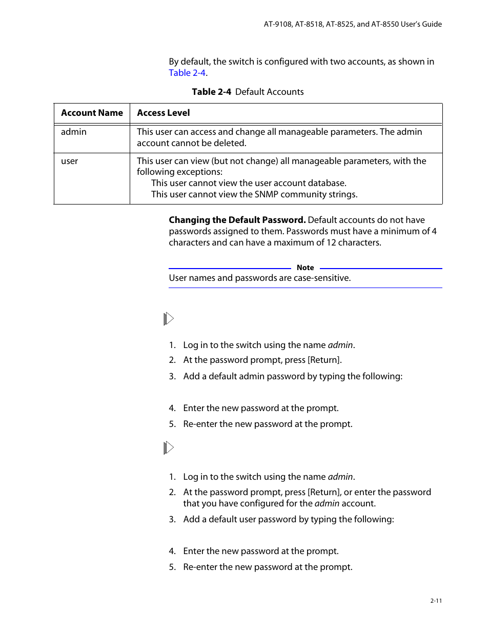 Default accounts, Default accounts -11 | Allied Telesis AT-8550 User Manual | Page 35 / 260