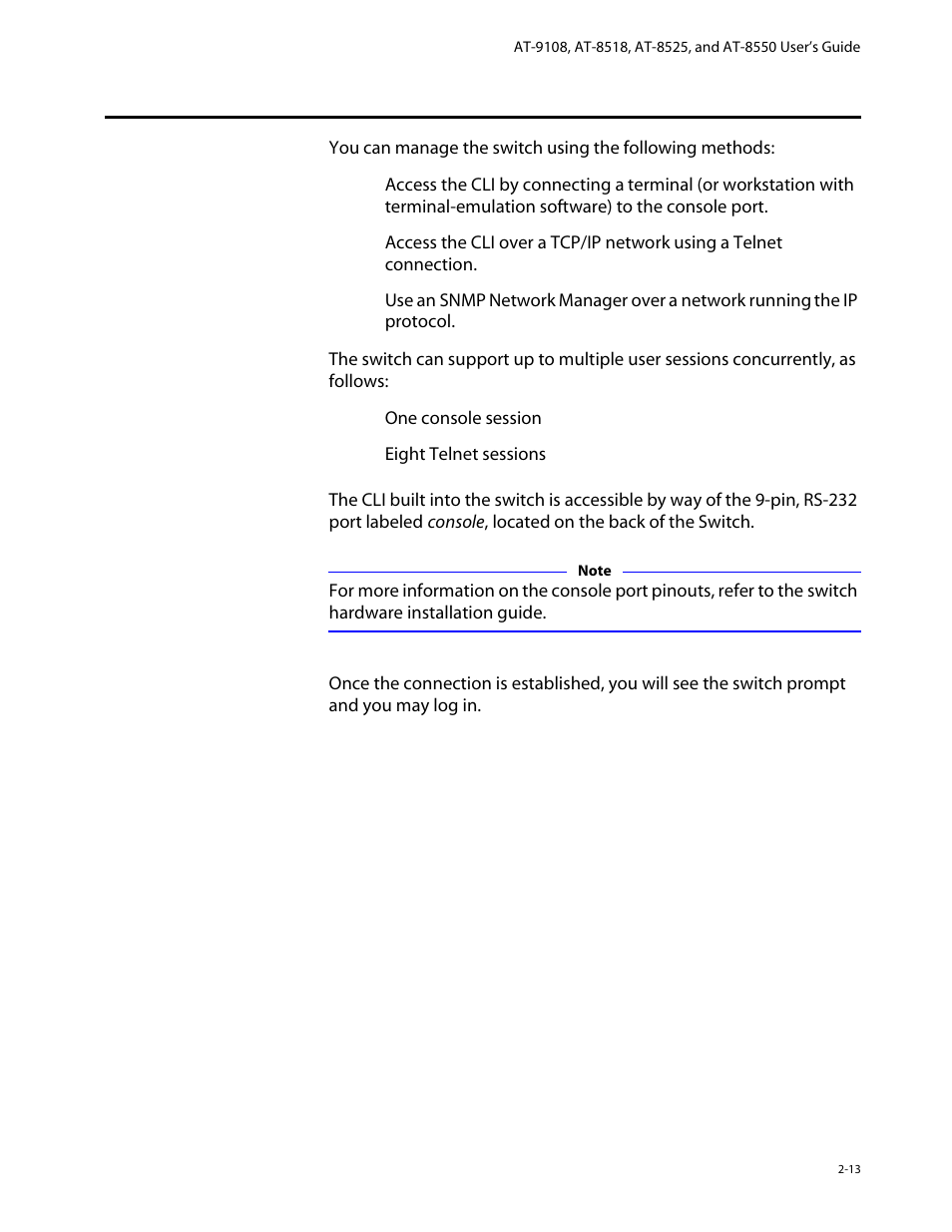 Methods of managing the switch, Using the console interface, Methods of managing the switch -13 | Using the console interface -13 | Allied Telesis AT-8550 User Manual | Page 37 / 260
