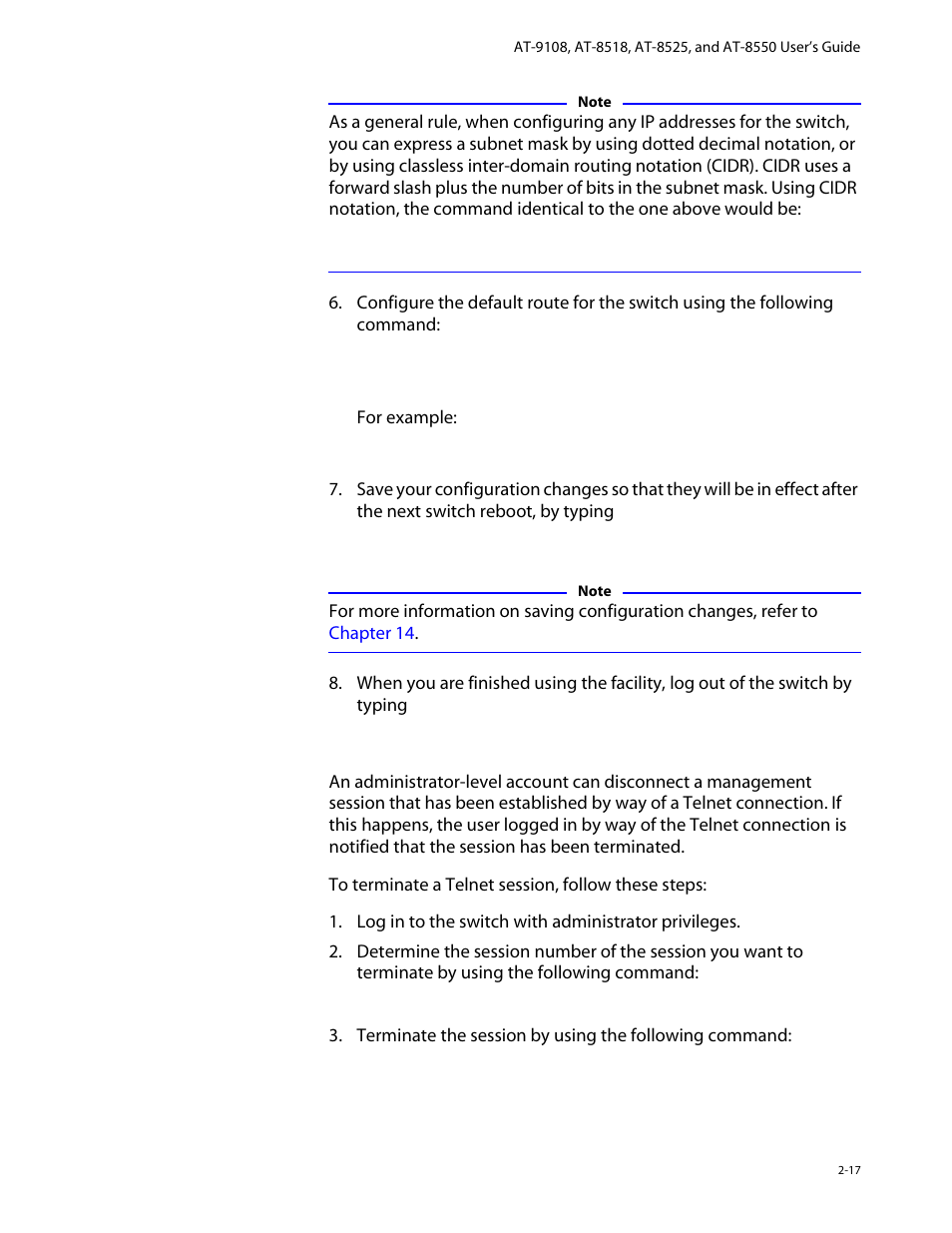 Disconnecting a telnet session, Disconnecting a telnet session -17 | Allied Telesis AT-8550 User Manual | Page 41 / 260
