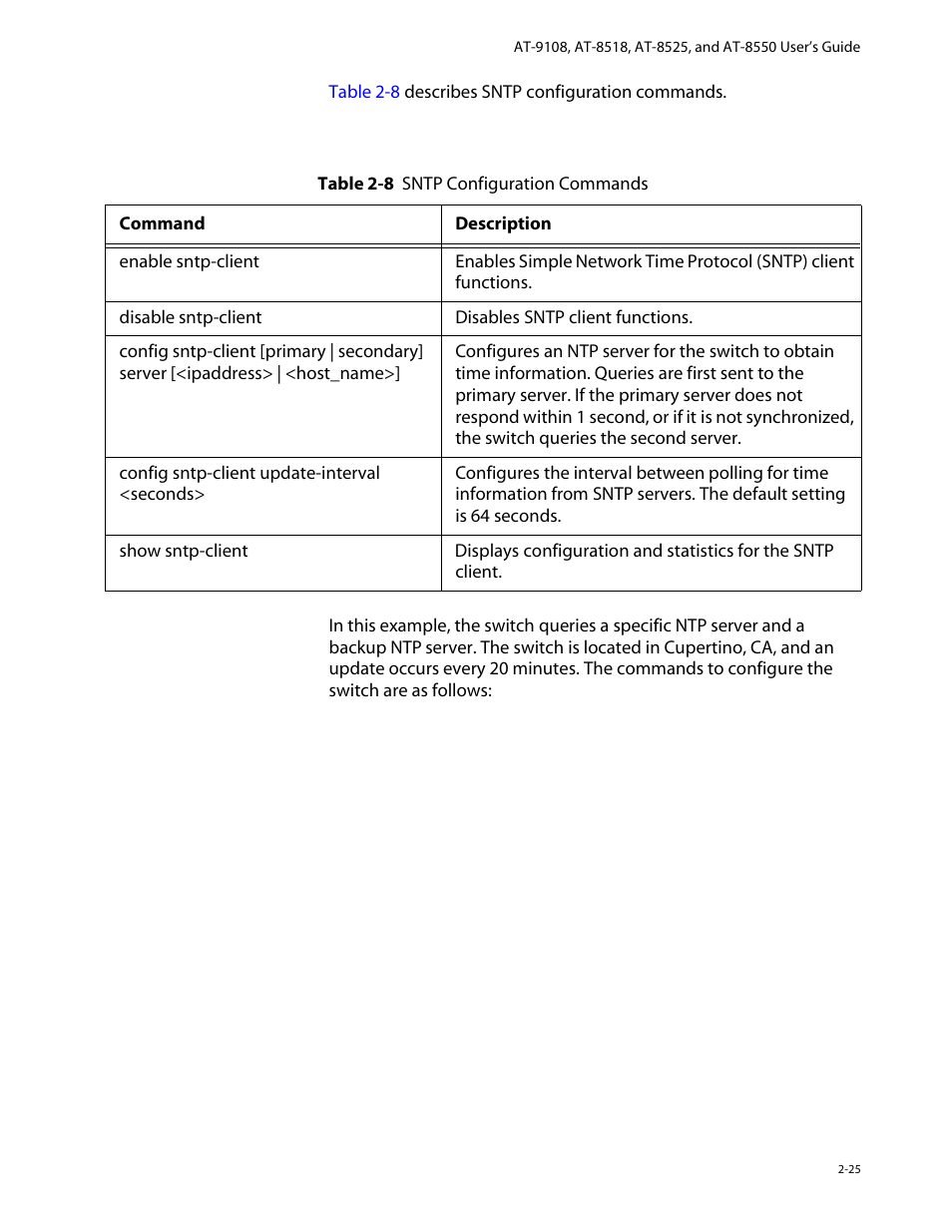 Sntp configuration commands, Sntp example, Sntp configuration commands -25 sntp example -25 | Allied Telesis AT-8550 User Manual | Page 49 / 260