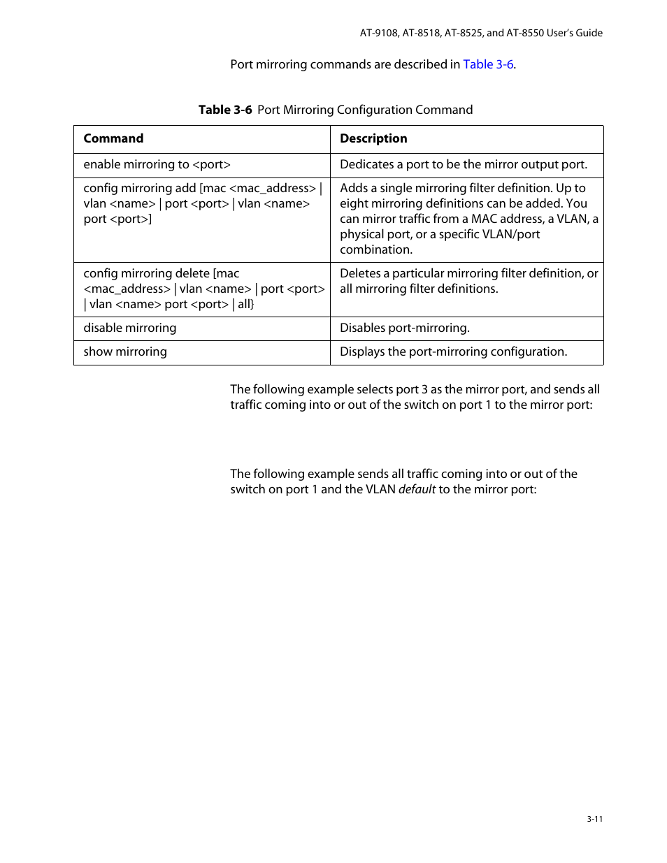 Port mirroring commands, Port mirroring example | Allied Telesis AT-8550 User Manual | Page 65 / 260