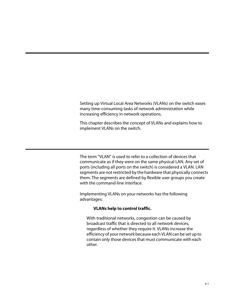 Chapter 4, Virtual lans (vlans), Overview of virtual lans | Benefits, Virtual lans (vlans, Overview of virtual lans -1, Benefits -1, Chapter 4, virtual lans (vlans), Fer to, Chapter | Allied Telesis AT-8550 User Manual | Page 67 / 260