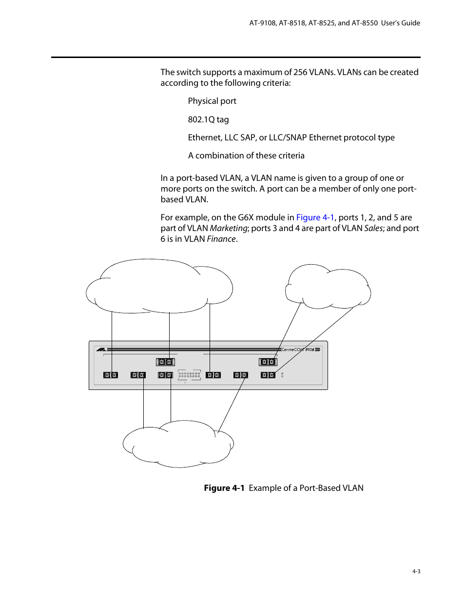 Types of vlans, Port-based vlans, Types of vlans -3 | Port-based vlans -3, Figure 4-1 example of a port-based vlan, Marketing finance sales | Allied Telesis AT-8550 User Manual | Page 69 / 260