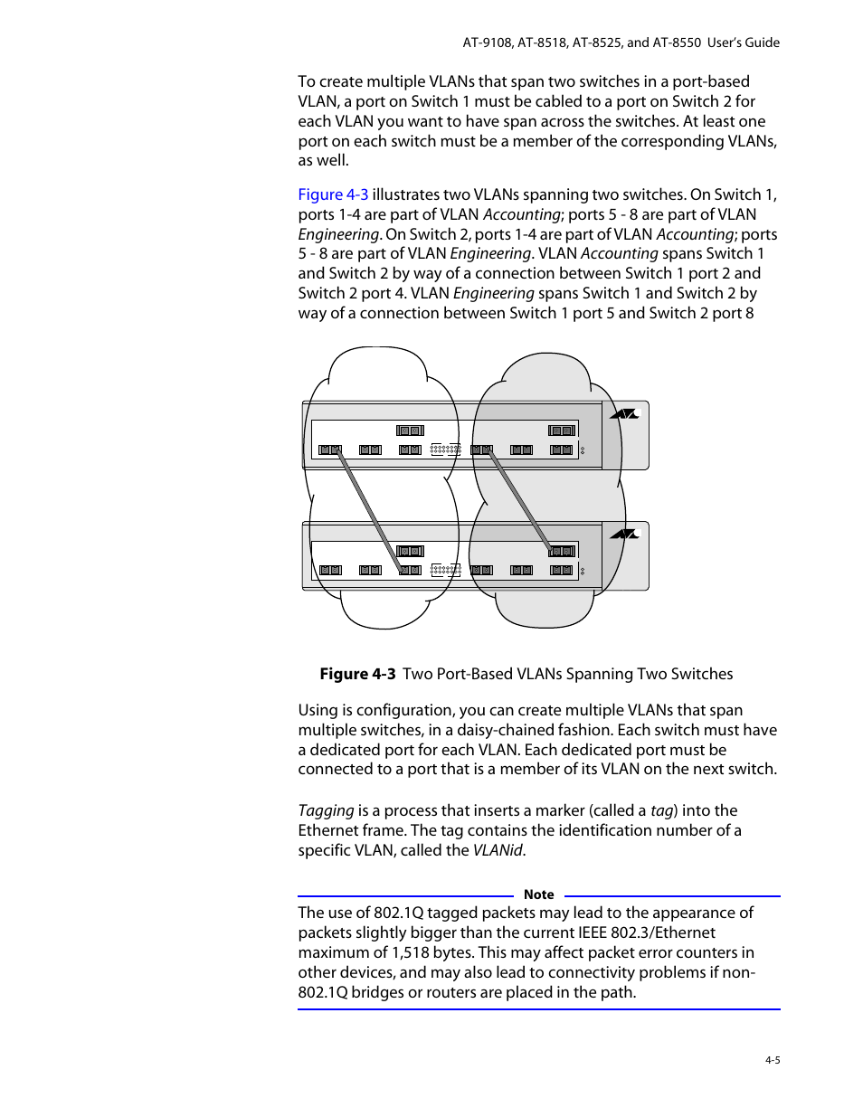Tagged vlans, Tagged vlans -5, Accounting engineering | Switch 1 switch 2 | Allied Telesis AT-8550 User Manual | Page 71 / 260