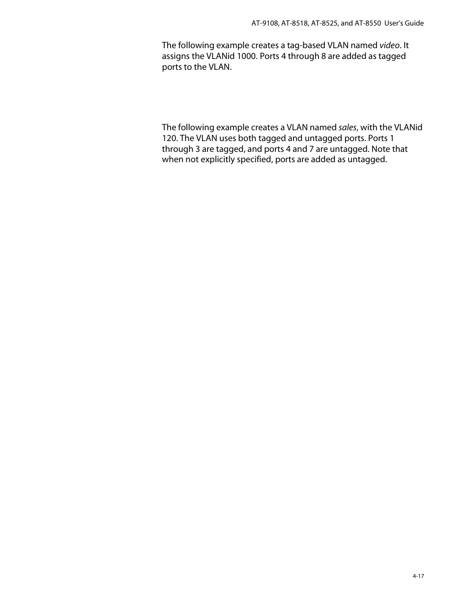 Vlan configuration examples, Vlan configuration examples -17 | Allied Telesis AT-8550 User Manual | Page 83 / 260