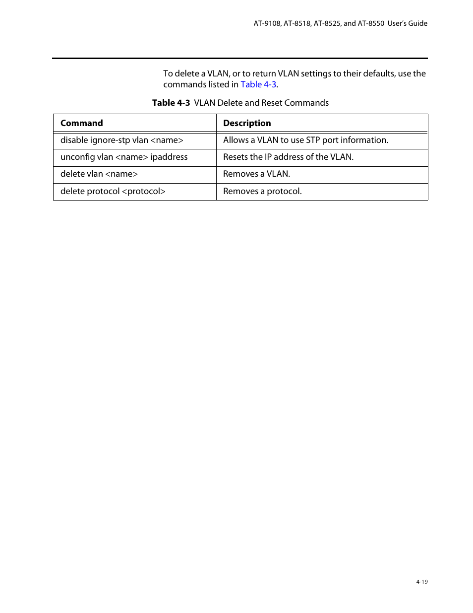 Deleting vlans, Deleting vlans -19 | Allied Telesis AT-8550 User Manual | Page 85 / 260
