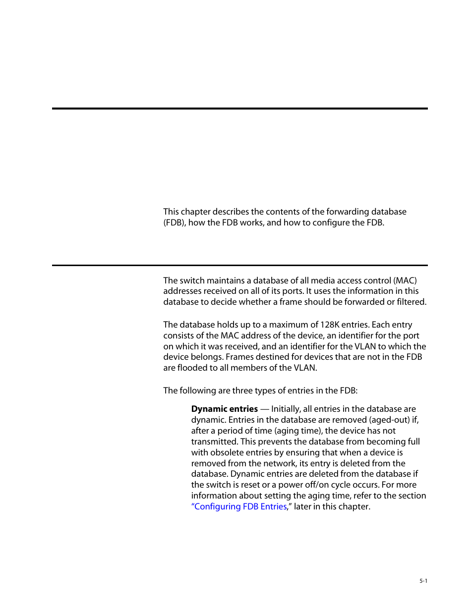 Chapter 5, Forwarding database (fdb), Overview of the fdb | Fdb contents, Fdb entry types, Forwarding database (fdb, Overview of the fdb -1, Fdb contents -1 fdb entry types -1, Chapter 5, forwarding database (fdb) | Allied Telesis AT-8550 User Manual | Page 87 / 260