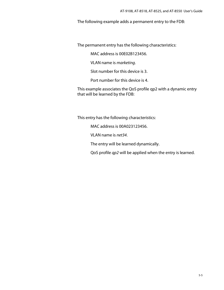 Fdb configuration examples, Fdb configuration examples -5 | Allied Telesis AT-8550 User Manual | Page 91 / 260