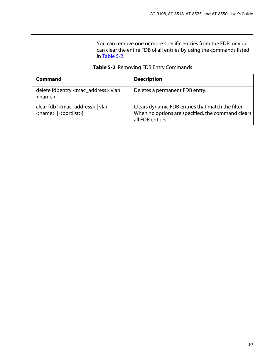 Removing fdb entries, Removing fdb entries -7 | Allied Telesis AT-8550 User Manual | Page 93 / 260