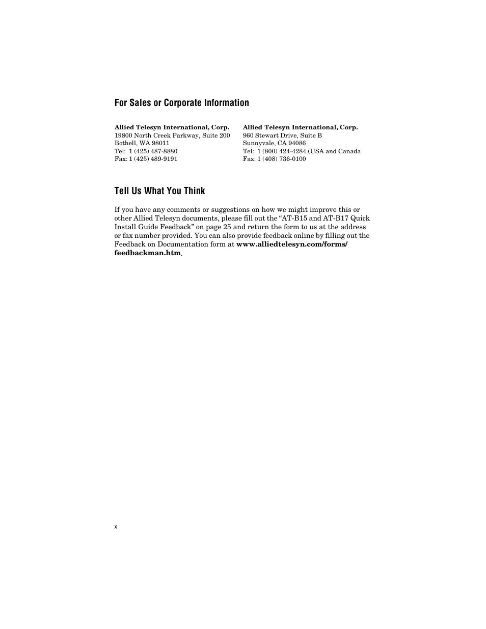 For sales or corporate information, Tell us what you think | Allied Telesis AT-B17 User Manual | Page 10 / 36