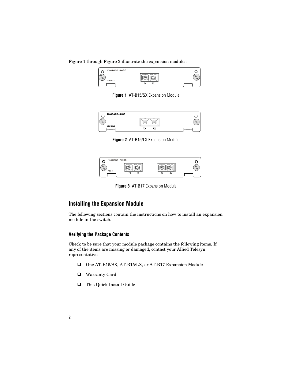 Installing the expansion module, Verifying the package contents | Allied Telesis AT-B17 User Manual | Page 12 / 36