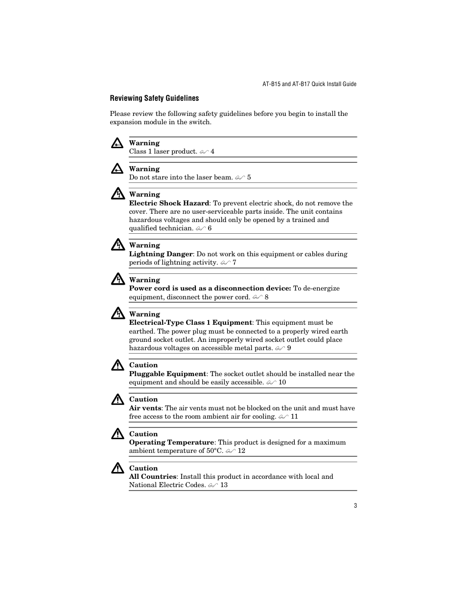 Reviewing safety guidelines | Allied Telesis AT-B17 User Manual | Page 13 / 36