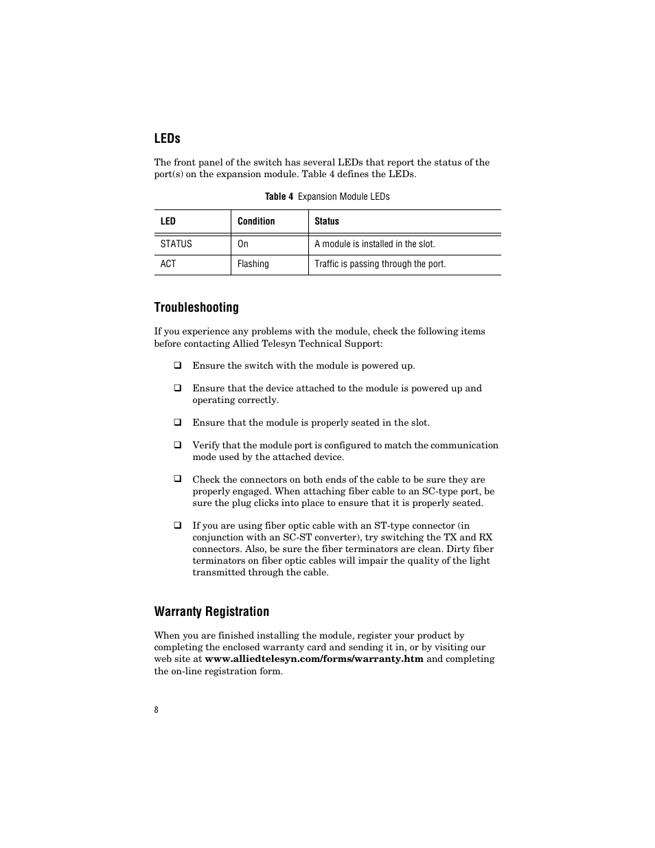 Leds, Troubleshooting, Warranty registration | Leds troubleshooting warranty registration | Allied Telesis AT-B17 User Manual | Page 18 / 36