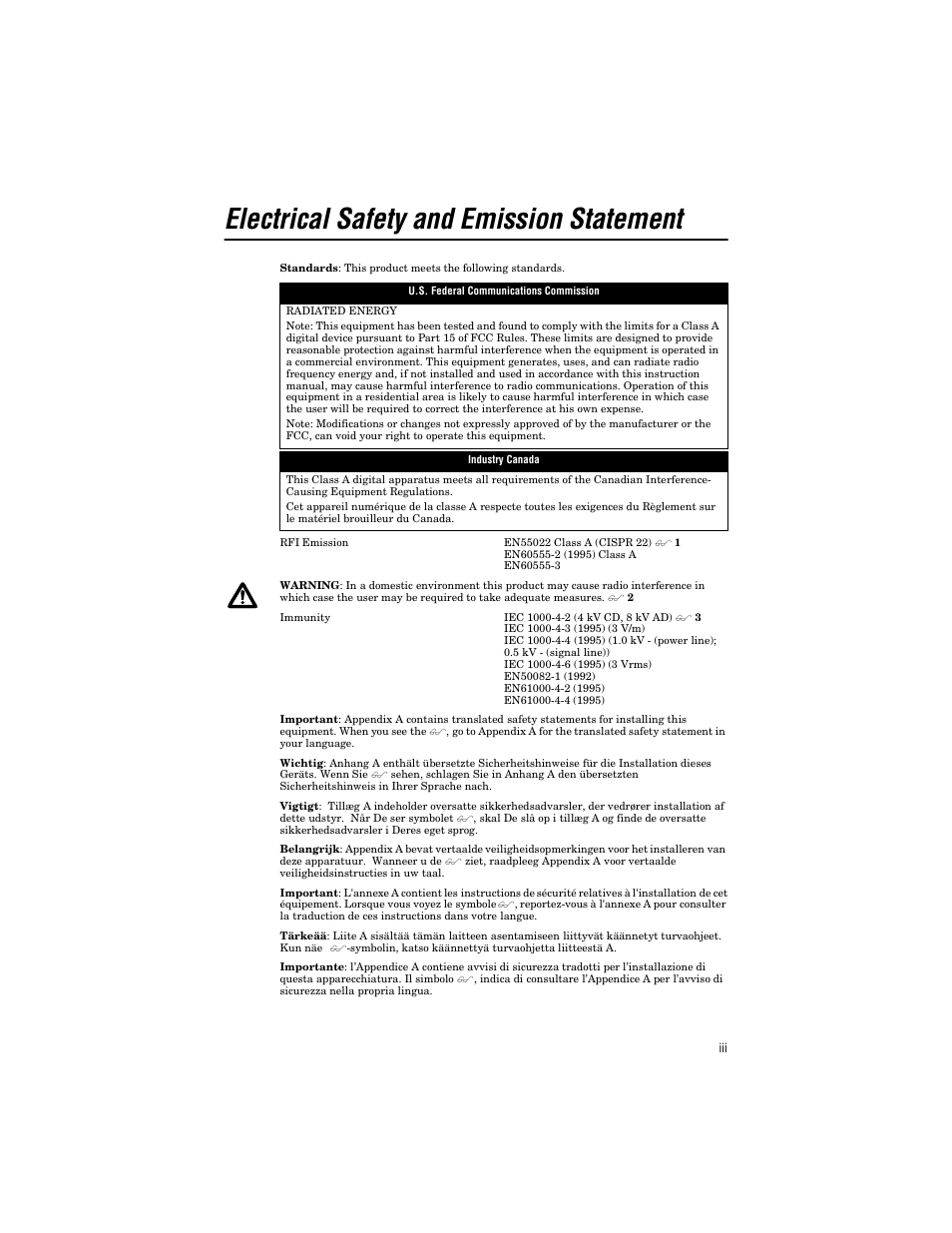 Electrical safety and emission statement | Allied Telesis AT-B17 User Manual | Page 3 / 36