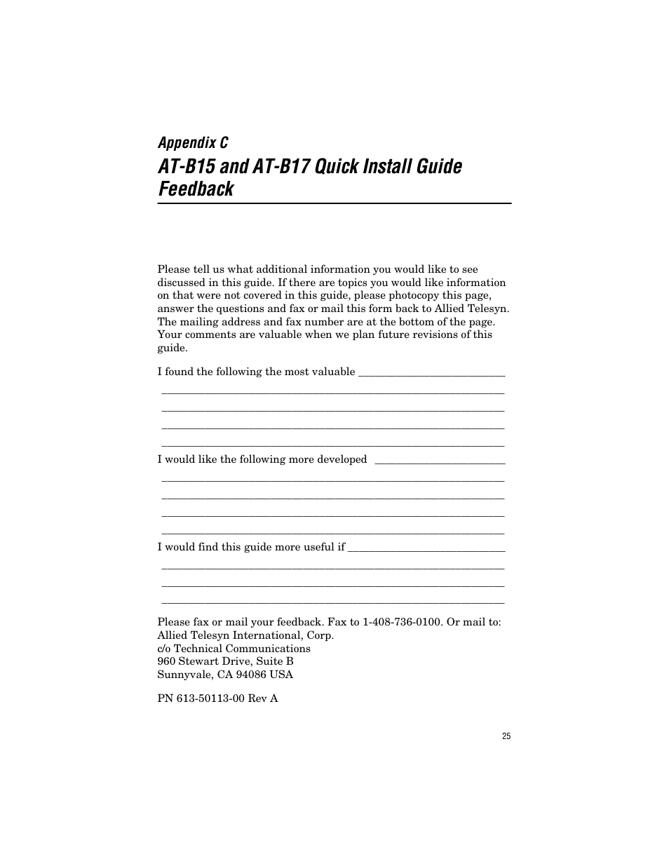 Appendix c, At-b15 and at-b17 quick install guide feedback | Allied Telesis AT-B17 User Manual | Page 35 / 36