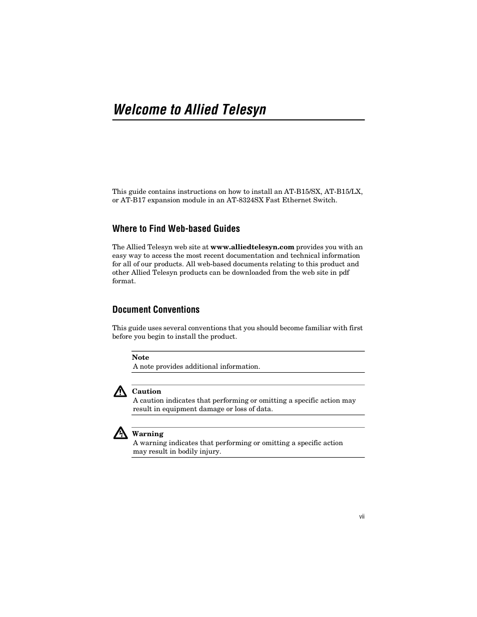 Welcome to allied telesyn, Where to find web-based guides, Document conventions | Allied Telesis AT-B17 User Manual | Page 7 / 36