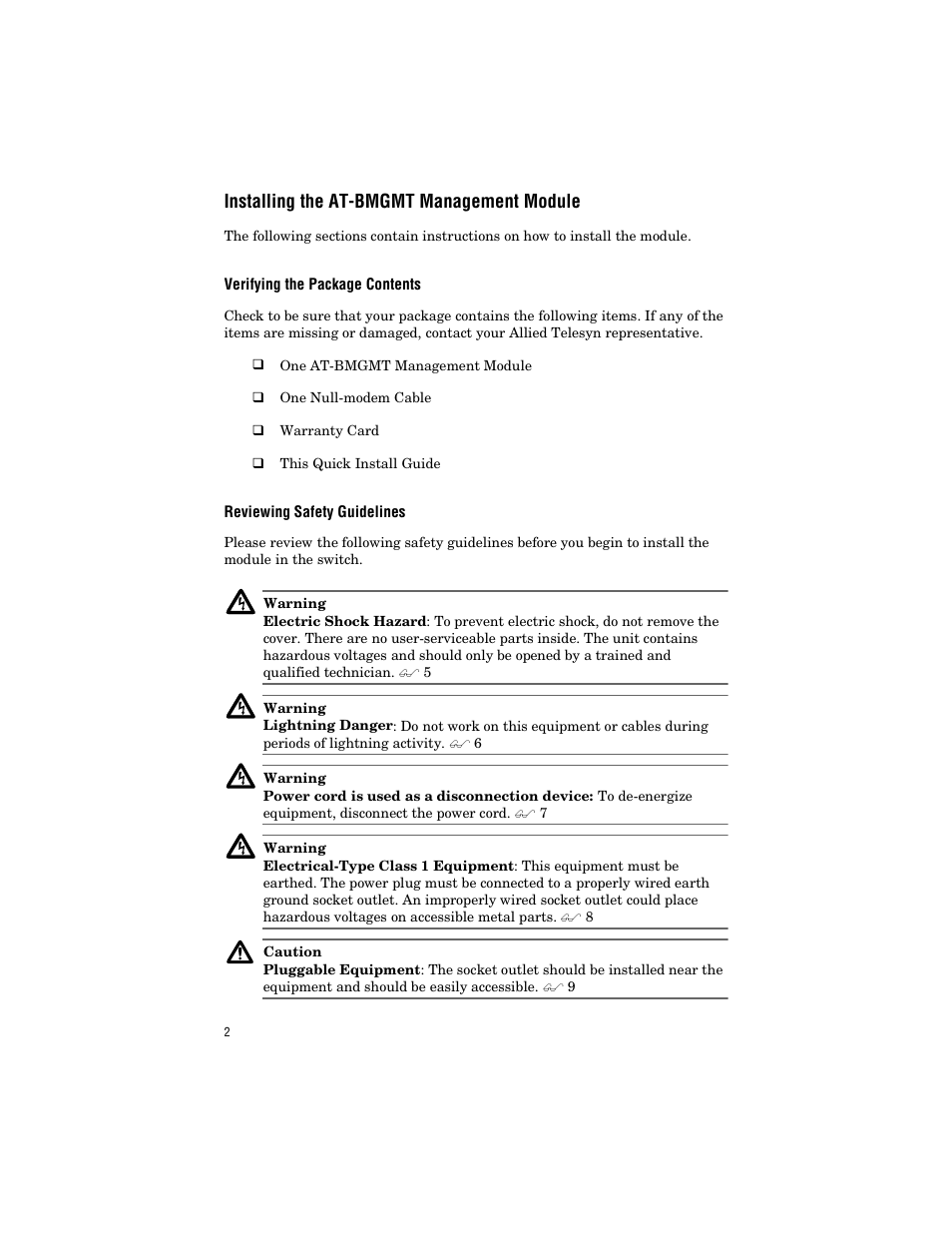 Installing the at-bmgmt management module, Verifying the package contents, Reviewing safety guidelines | Allied Telesis AT-BMGMT User Manual | Page 12 / 34
