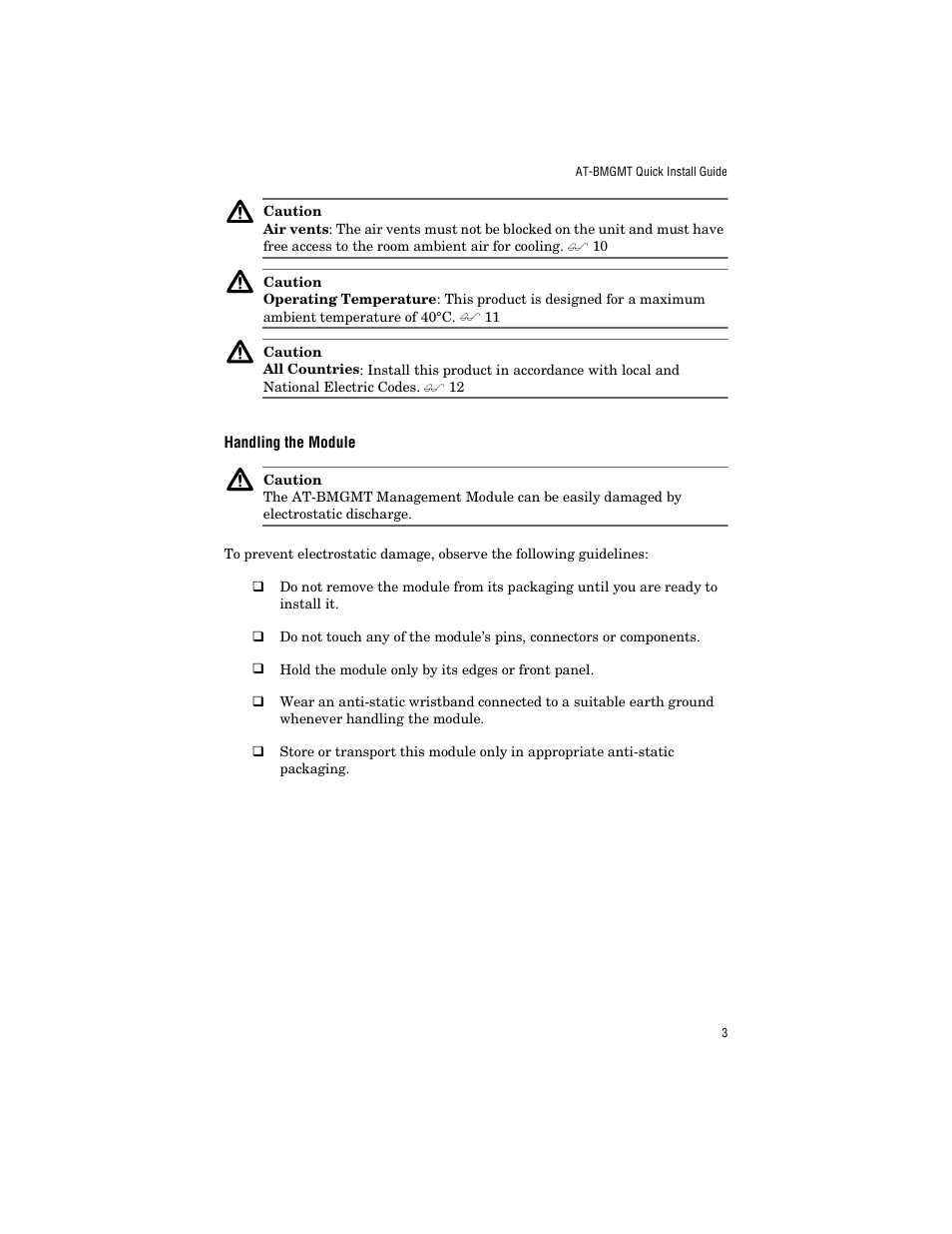 Handling the module | Allied Telesis AT-BMGMT User Manual | Page 13 / 34