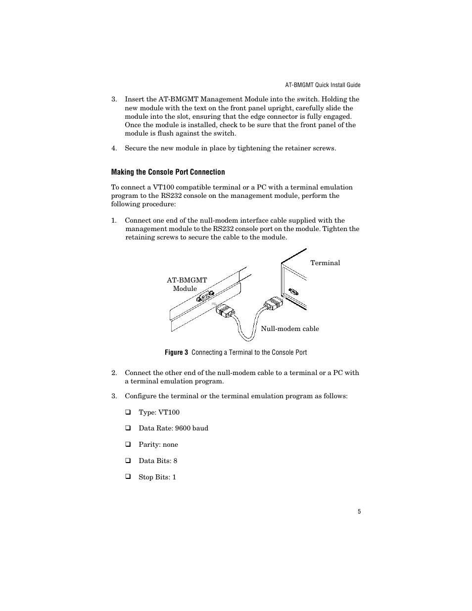 Making the console port connection | Allied Telesis AT-BMGMT User Manual | Page 15 / 34