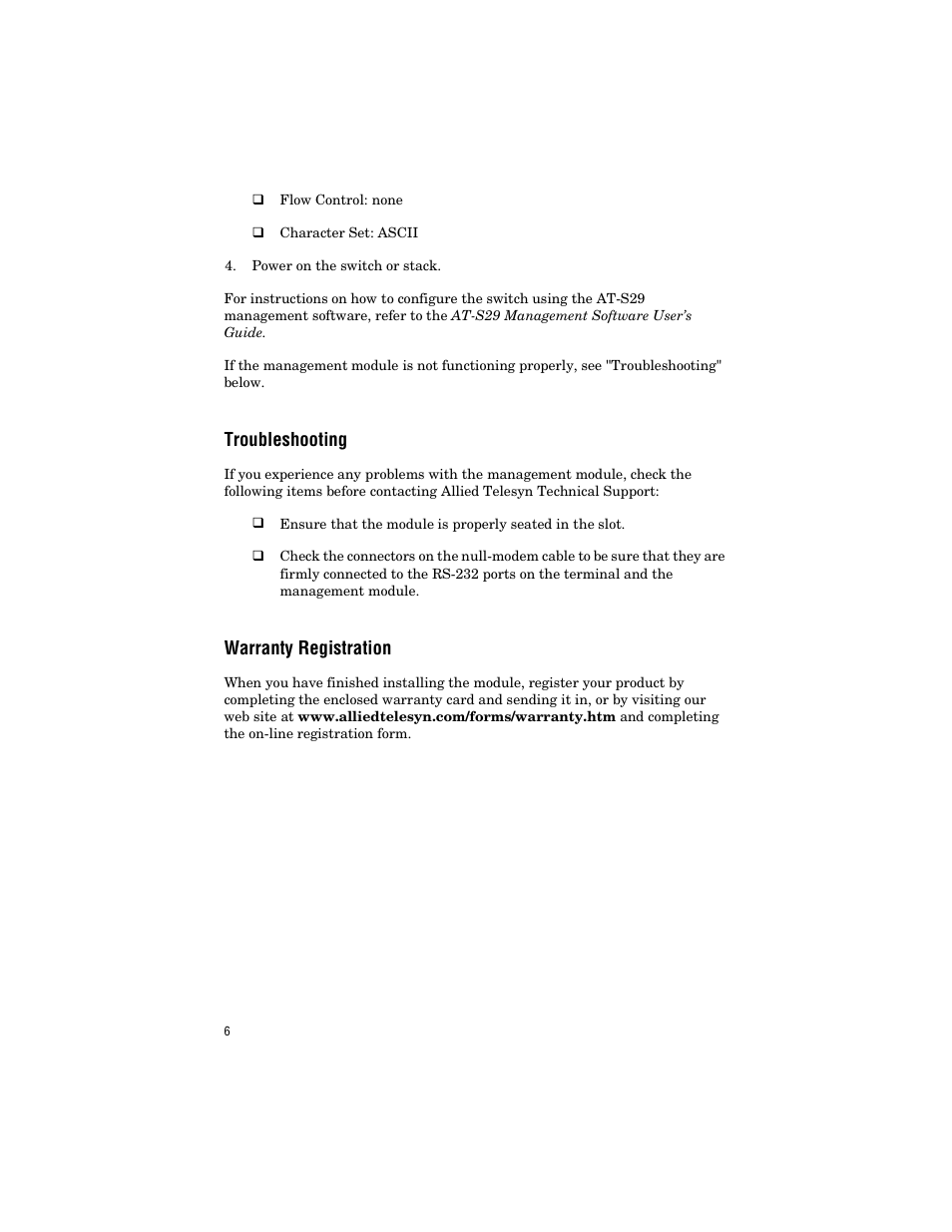 Troubleshooting, Warranty registration, Troubleshooting warranty registration | Allied Telesis AT-BMGMT User Manual | Page 16 / 34