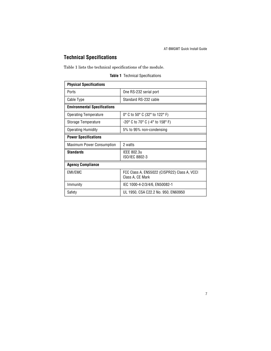 Technical specifications | Allied Telesis AT-BMGMT User Manual | Page 17 / 34