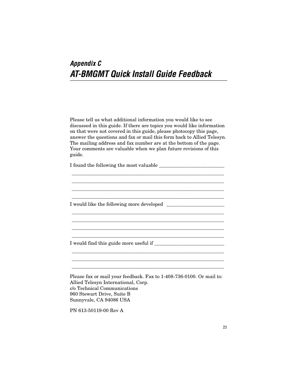 Appendix c, At-bmgmt quick install guide feedback | Allied Telesis AT-BMGMT User Manual | Page 33 / 34