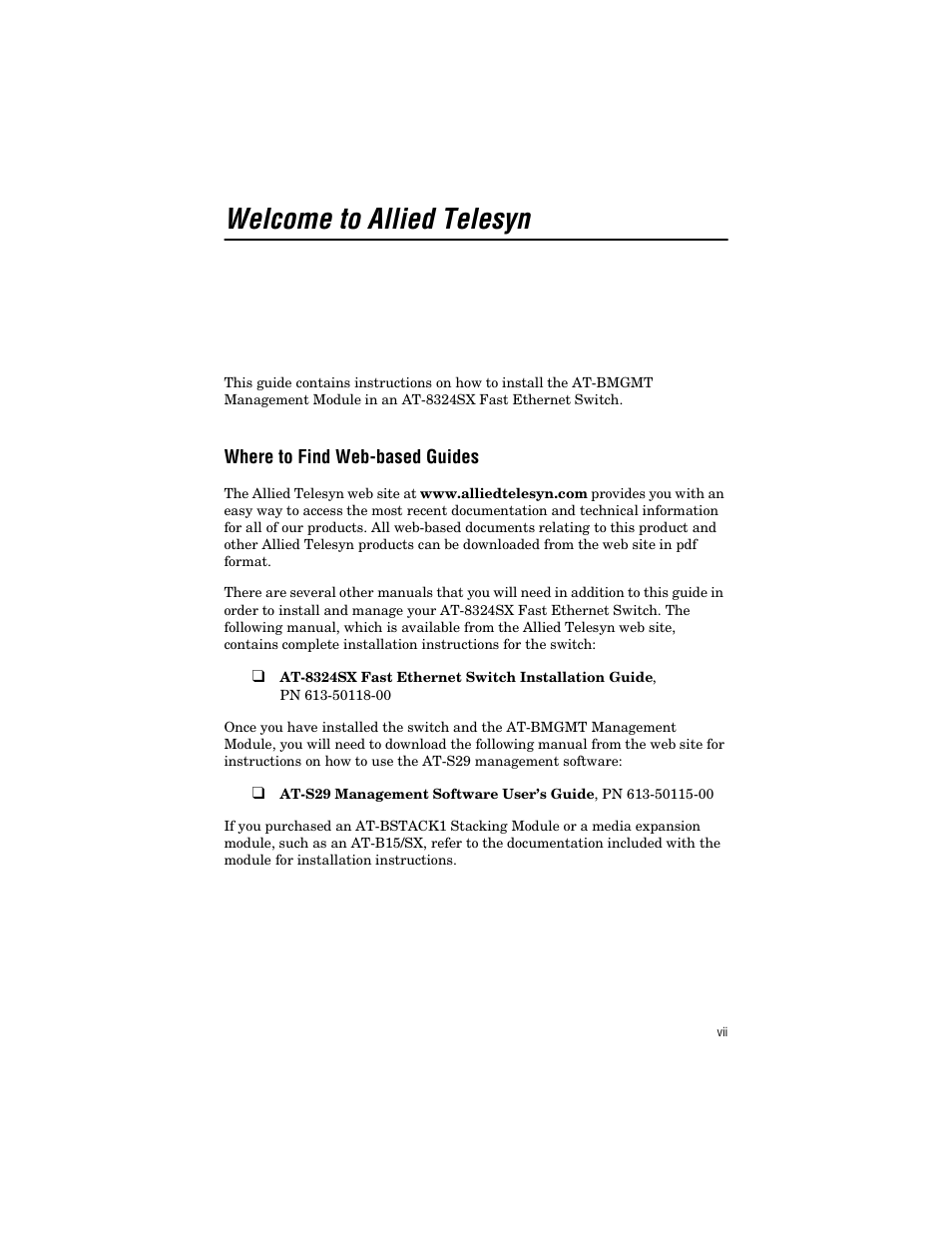Where to find web-based guides, Welcome to allied telesyn | Allied Telesis AT-BMGMT User Manual | Page 7 / 34