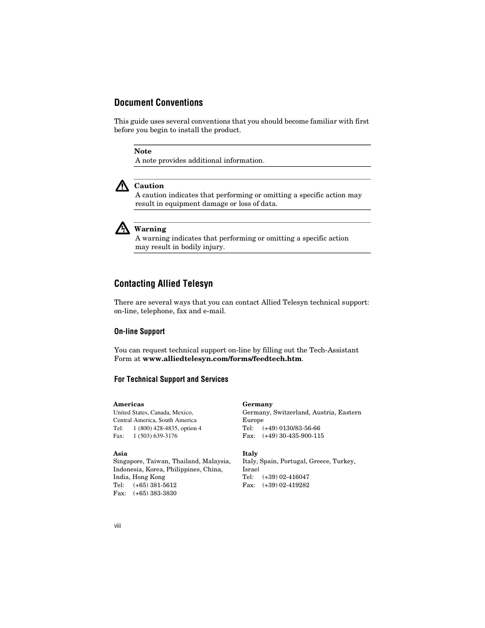 Document conventions, Contacting allied telesyn, On-line support | For technical support and services | Allied Telesis AT-BMGMT User Manual | Page 8 / 34