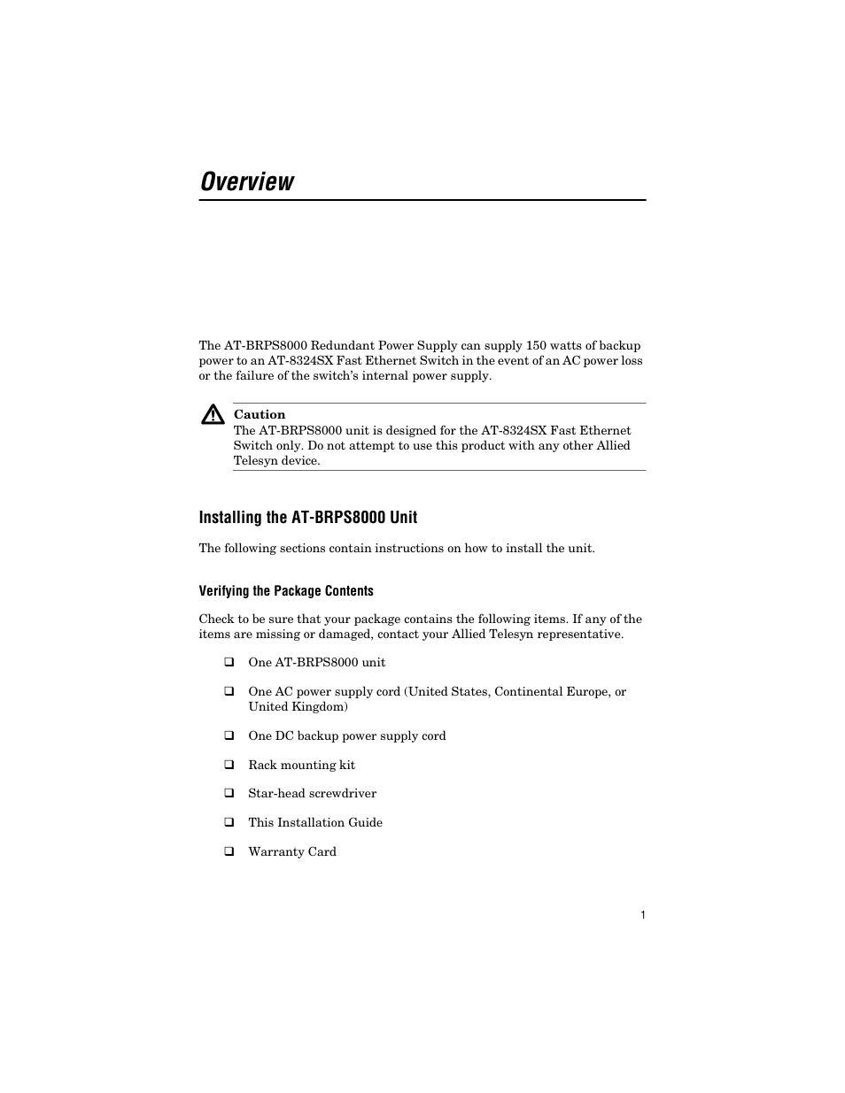 Overview, Installing the at-brps8000 unit, Verifying the package contents | Allied Telesis AT-BRPS8000 User Manual | Page 11 / 32