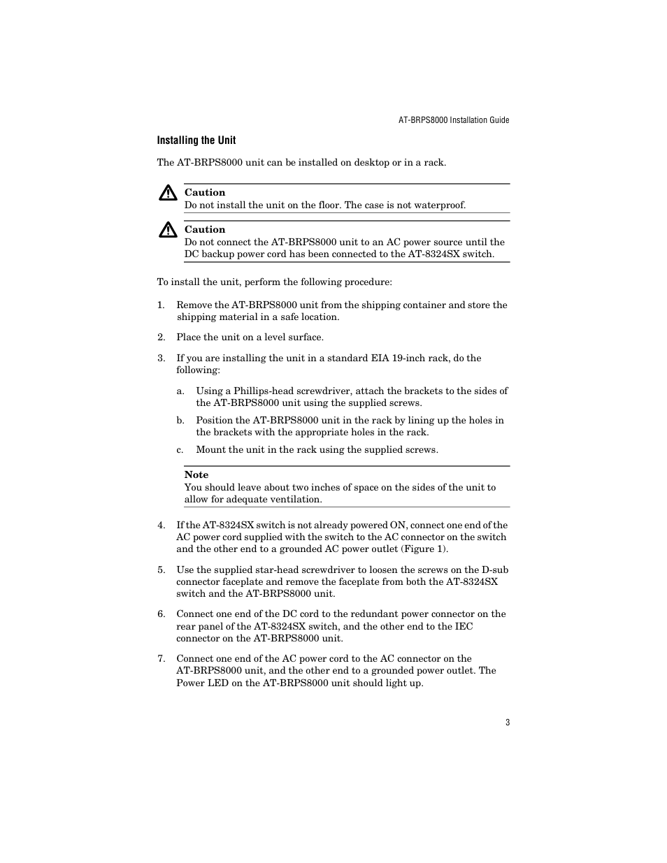 Installing the unit | Allied Telesis AT-BRPS8000 User Manual | Page 13 / 32