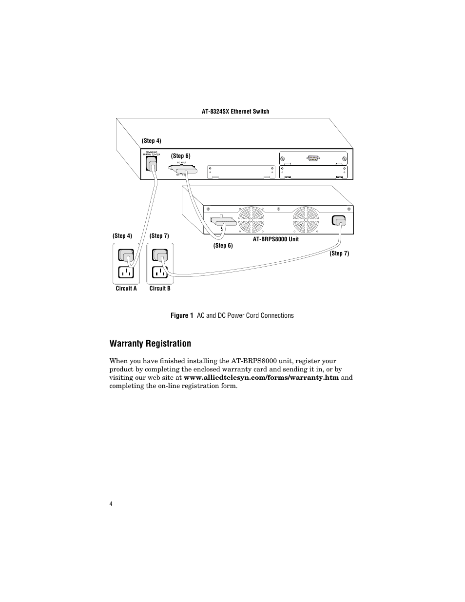 Warranty registration, Figure 1 ac and dc power cord connections | Allied Telesis AT-BRPS8000 User Manual | Page 14 / 32