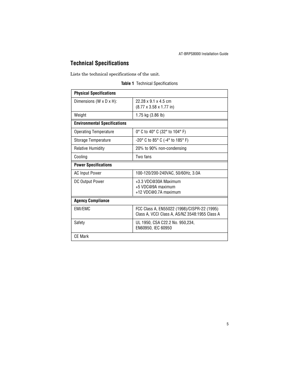 Technical specifications | Allied Telesis AT-BRPS8000 User Manual | Page 15 / 32