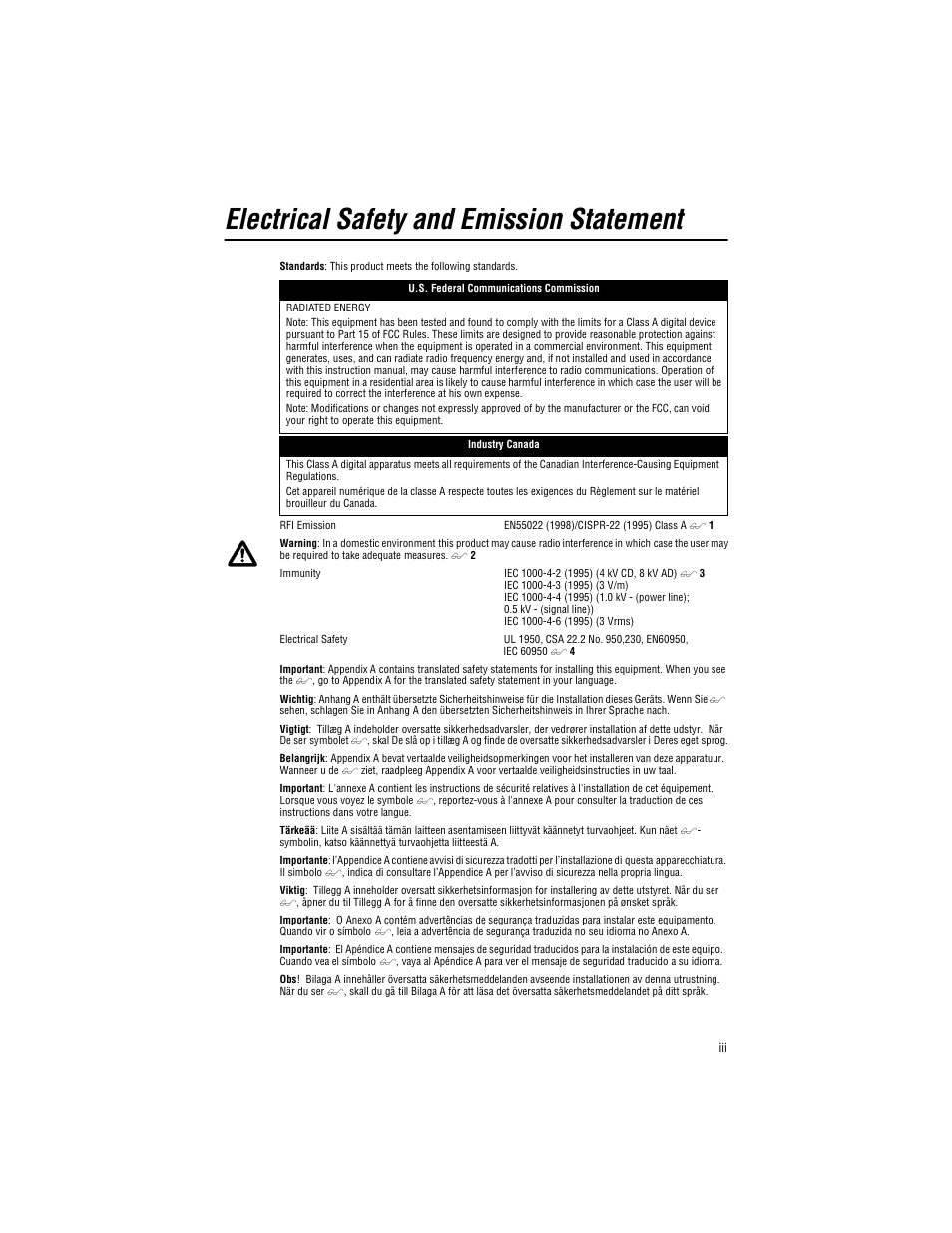 Electrical safety and emission statement | Allied Telesis AT-BRPS8000 User Manual | Page 3 / 32