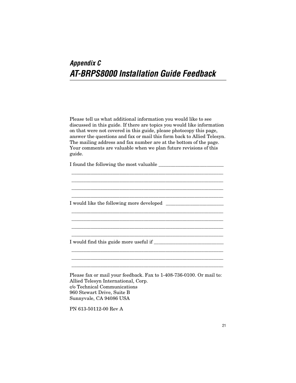 Appendix c, At-brps8000 installation guide feedback | Allied Telesis AT-BRPS8000 User Manual | Page 31 / 32