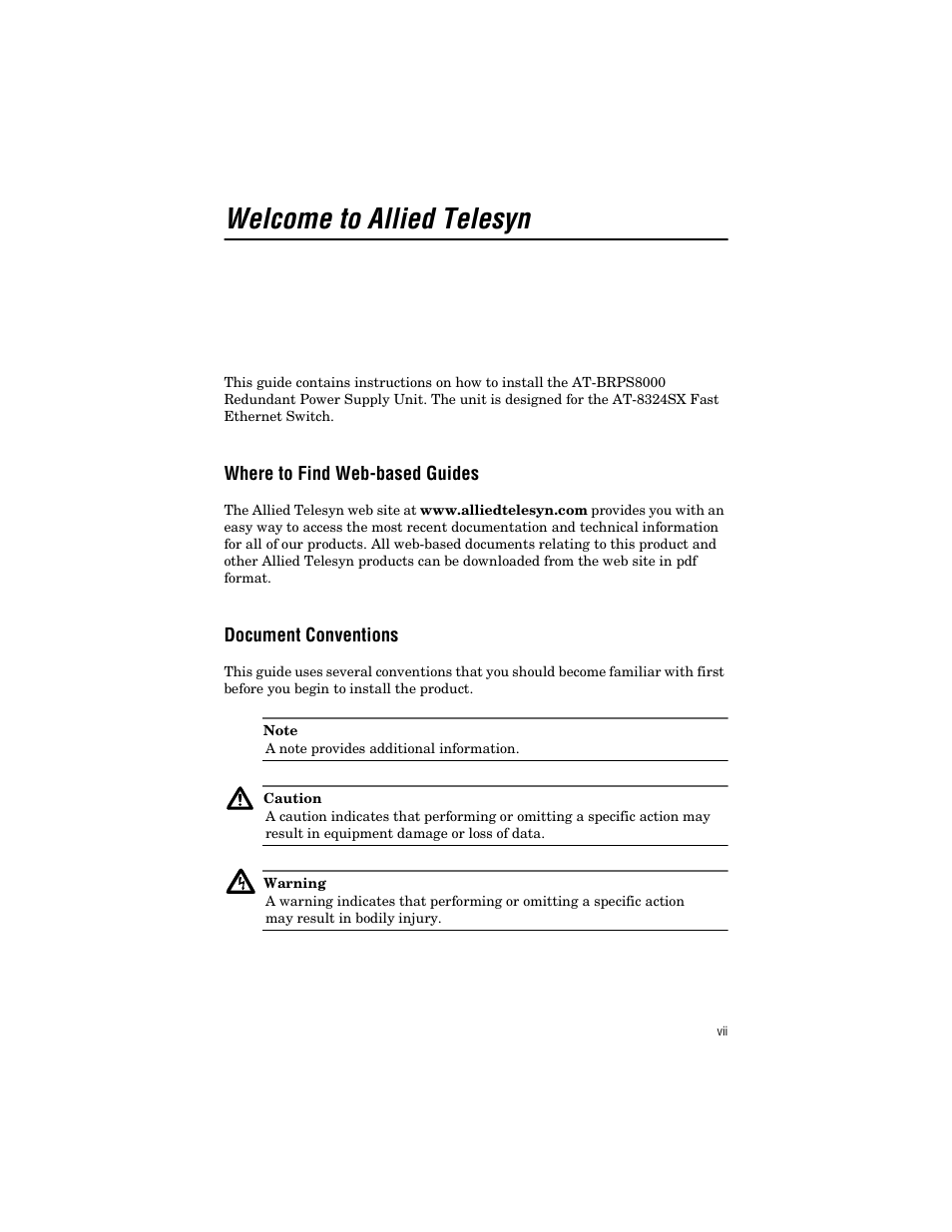 Welcome to allied telesyn, Where to find web-based guides, Document conventions | Allied Telesis AT-BRPS8000 User Manual | Page 7 / 32