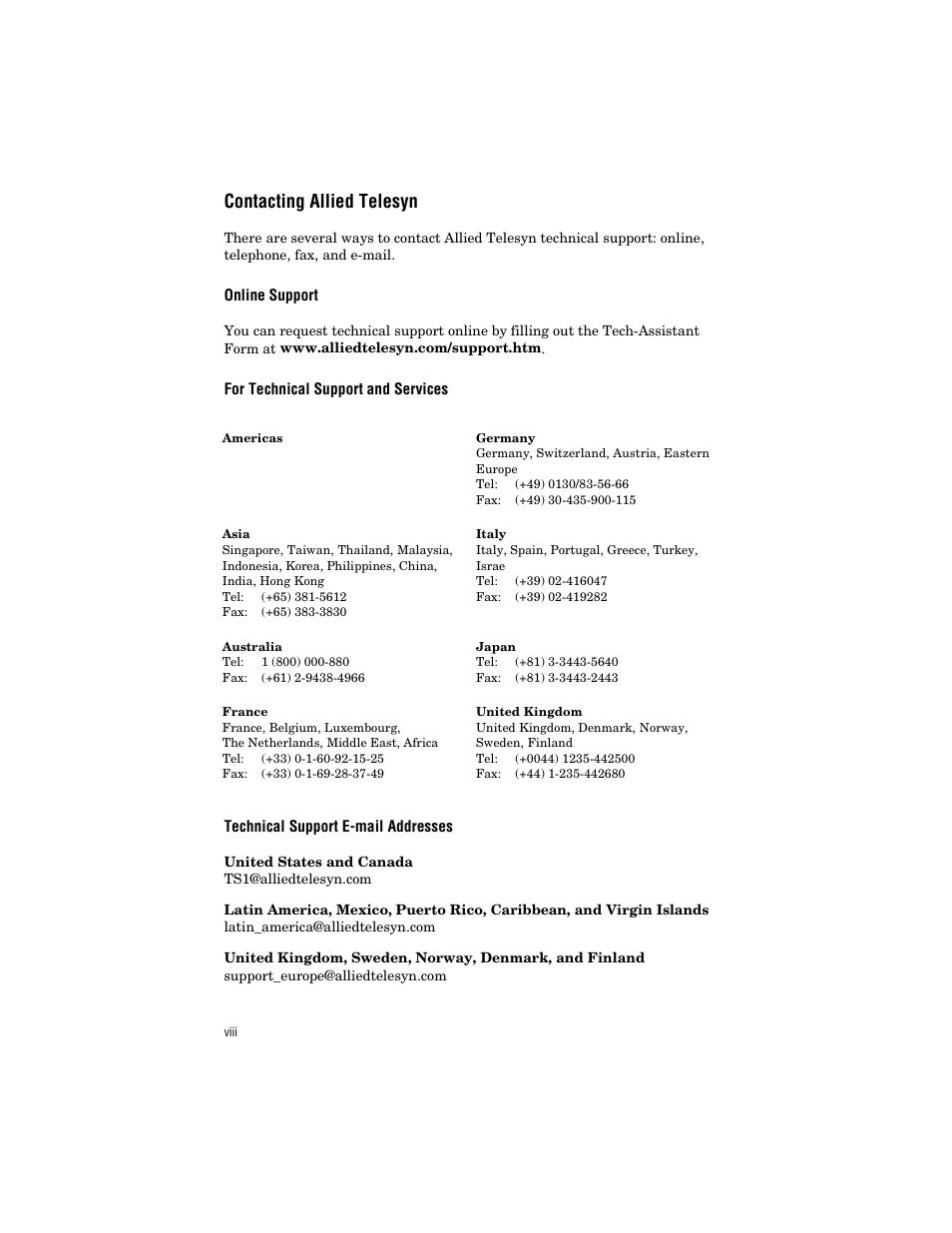 Contacting allied telesyn, Online support, For technical support and services | Technical support e-mail addresses | Allied Telesis AT-BRPS8000 User Manual | Page 8 / 32