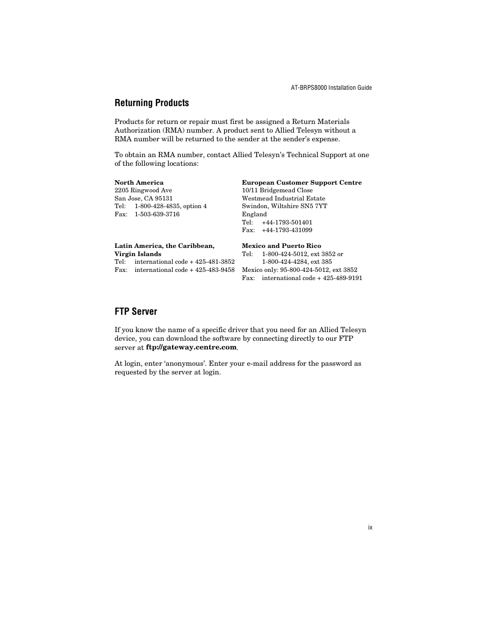 Returning products, Ftp server | Allied Telesis AT-BRPS8000 User Manual | Page 9 / 32