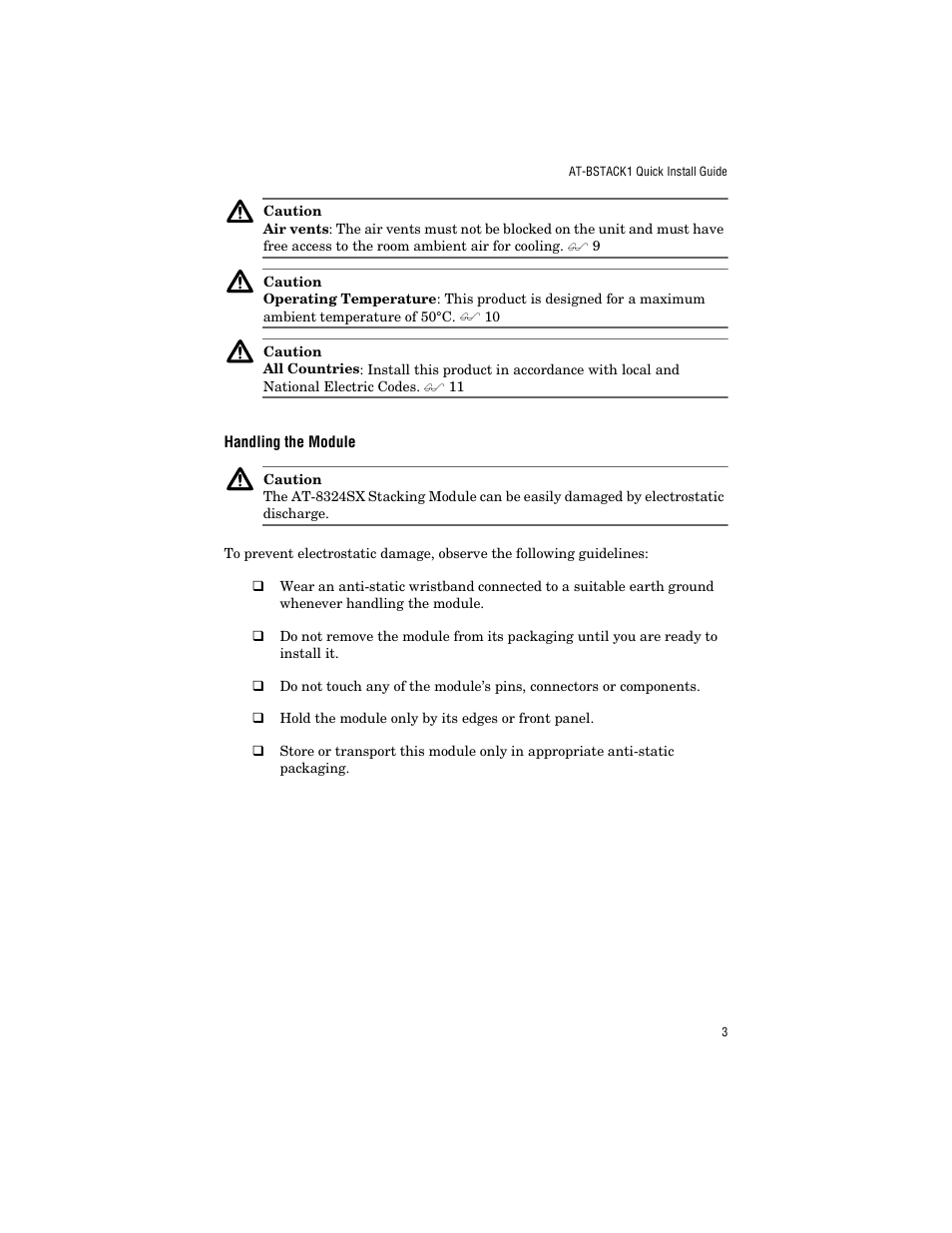 Handling the module | Allied Telesis AT-BSTACK1 User Manual | Page 13 / 34