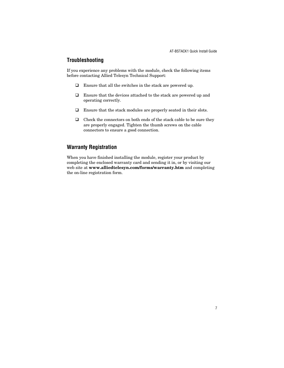 Troubleshooting, Warranty registration, Troubleshooting warranty registration | Allied Telesis AT-BSTACK1 User Manual | Page 17 / 34
