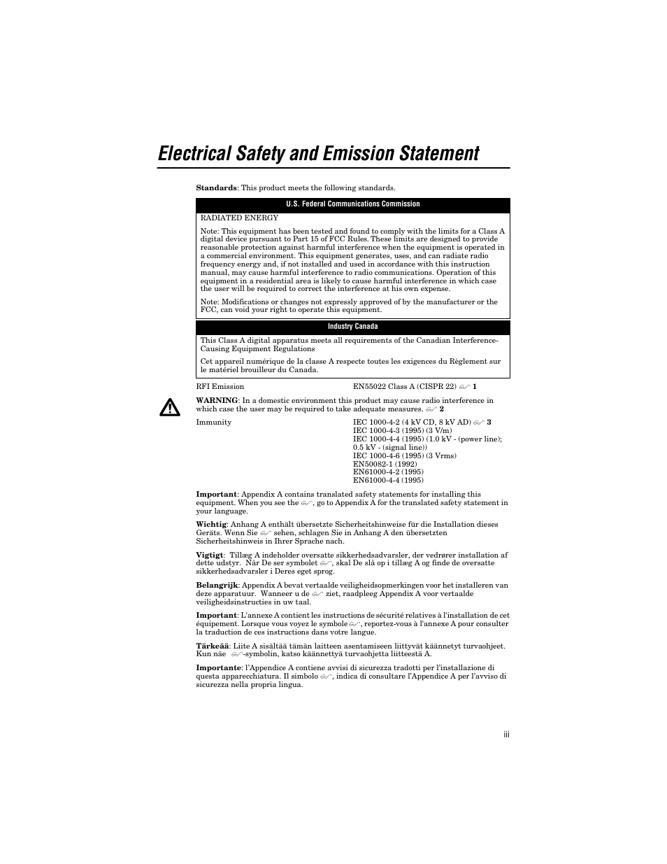 Electrical safety and emission statement | Allied Telesis AT-BSTACK1 User Manual | Page 3 / 34