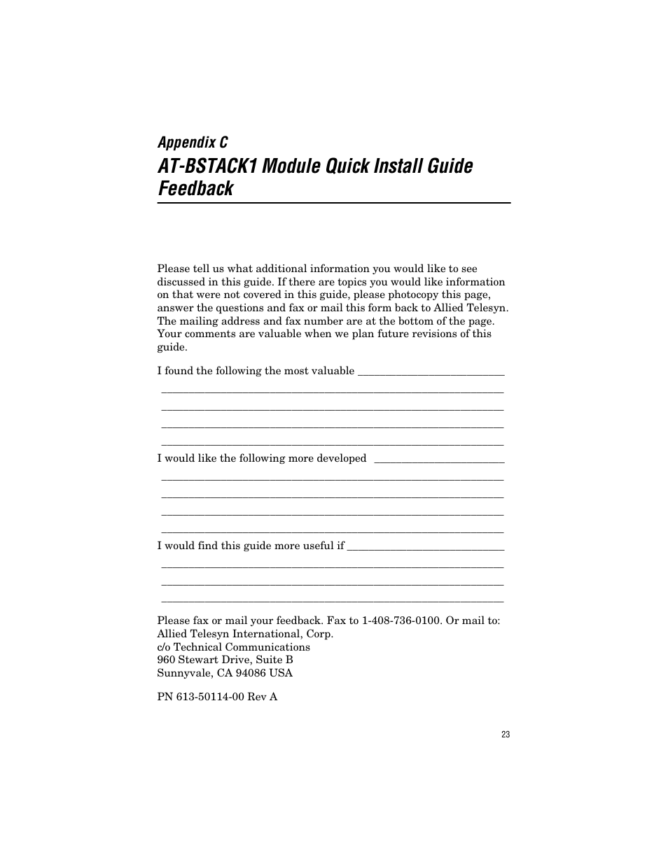 Appendix c, At-bstack1 module quick install guide feedback, At-bstack1 quick install guide feedback | Allied Telesis AT-BSTACK1 User Manual | Page 33 / 34